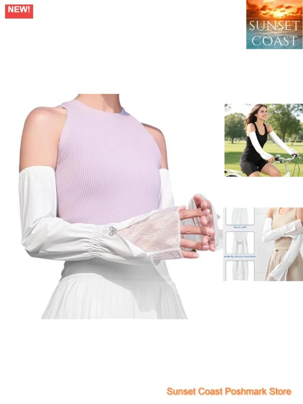 Sun Protection Arm Sleeves for Women UPF 50+ Cooling Elastic with Lace Cuffs